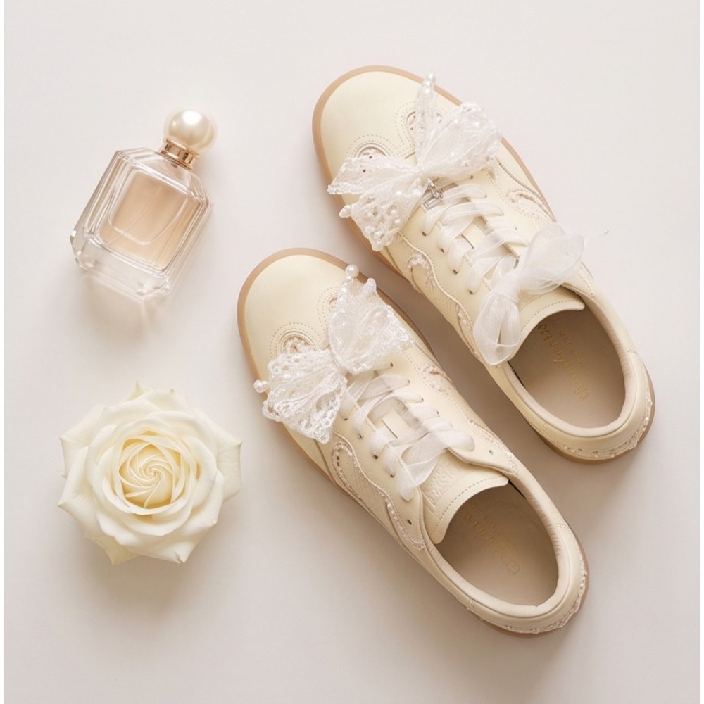 Mi.iM Ivory Leather Lace-up Bridal Sneakers Pearl Bow Wedding‎ Shoes Womens 9